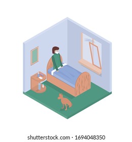 Concept On The Topic Of A Woman's Disease. Flu. Sick At Home In Bed. Self-treatment Of The Virus. The Girl Stayed At Home. Style Is Isometry. Isolated Vector Illustration.