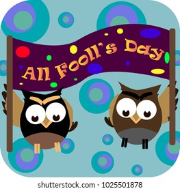 Concept on the world day of laughter April 1, owls holding holiday flag, vector