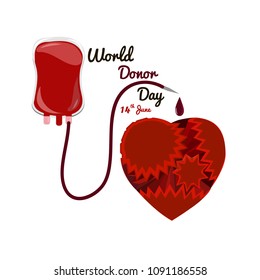 Concept on the world donor day June 14, package for blood transfusion with a heart of gears