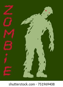 Concept one-armed silhouette of zombie. Vector illustration. Scary character design. The horror genre. Green color background.