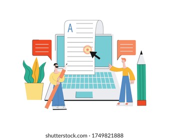 Concepto de artículos en línea en los medios de internet, contenido en el blog y publicación en redes sociales con personajes de laptop, lápiz y hombres. Ilustración plana vectorial aislada del artículo en línea.