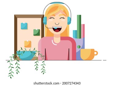 Concept of online assistant, call center or online support, female customer talking with client through headphones. Vector illustration in a flat style. Vector illustration