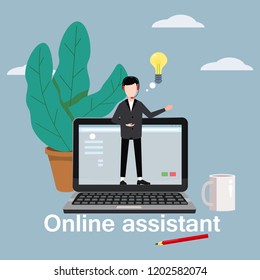 Concept online assistant, customer and operator, call centre, online global technical support 24-7. Vector illustration male hotline operator advises client, virtual help service.