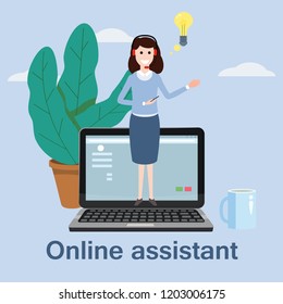 Concept online assistant, customer and operator, call centre, online global technical support 24-7. Vector illustration female hotline operator advises client, virtual help service.