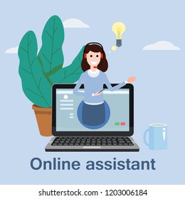 Concept online assistant, customer and operator, call centre, online global technical support 24-7. Vector illustration female hotline operator advises client, virtual help service.