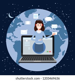 Concept online assistant, customer and operator, call centre, online global technical support 24-7. Earth background. Vector illustration female hotline operator advises client, virtual help service.