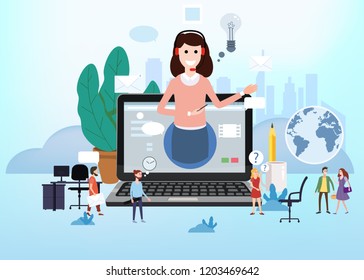 Concept online assistant, customer and operator, call centre, online global technical support 24-7. Vector illustration female hotline operator advises client, virtual help service.