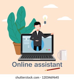 Concept online assistant, customer and operator, call centre, online global technical support 24-7. Vector illustration male hotline operator advises client, virtual help service.