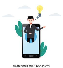 Concept online assistant on smartpnone, customer and operator, call centre, online global technical support 24-7. Vector illustration male hotline operator advises client, virtual help service.