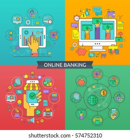 Concept of online banking. Flat line icons for banking, finance, online payment, savings, internet payment security, online banking for websites and application.
