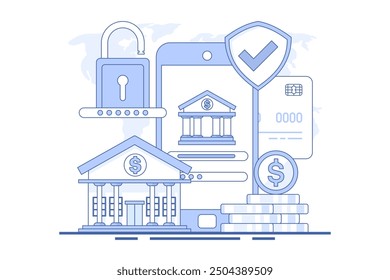 Concept of online banking or saving money online, mobile bill payment, mobile wallet, start-up business project, online survey, business planning. flat vector illustration on background.