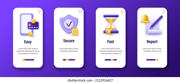 Concept of online banking, shopping, smartphone payment processing. Financial secure transactions, bank card, bill. Set of UI, UX, GUI screens  payment for mobile app. 3d vector. 