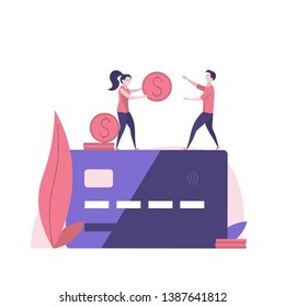 Concept of online banking, transfer money, contactless payment. People with debit and credit card pay and transfer money. Modern vector illustration in flat design.