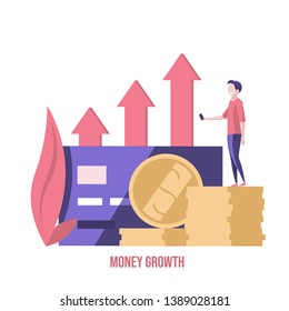 Concept of online banking, transfer money, cashback, money growth. Man with phone and debit or credit card pays and gets money online. Modern vector illustration in flat design with tiny people