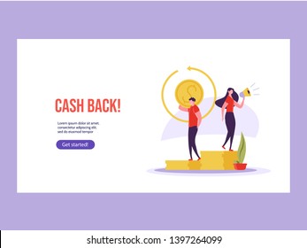 Concept of online banking, transfer money, cash back, money growth. Man with phone and debit or credit card pays and gets money online. Modern vector illustration in flat design with tiny people