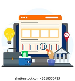 Conceito para análise de negócios on-line, pesquisa de mercado, ideia criativa, investimento em projetos. Finanças análise com ícone de pasta, lâmpada, banco, lupa, carteira e documento de negócios. 