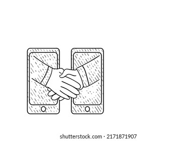 Concept Of Online Business Meeting Agreement With Technology. Digital Handshake. Hand Drawn Vector Illustration Design