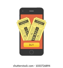 Concept Of Online Buy Cinema Ticket. Mobile Smartphone With The App To Buying Tickets. Buy Tickets On The Internet With A Mobile Phone. Vector Illustration EPS 10.