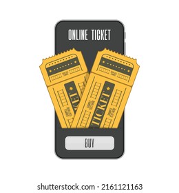 Concepto de compra en línea de boleto de cine. smartphone móvil con la aplicación para comprar entradas. Compra entradas en Internet con un teléfono móvil. Ilustración del vector EPS 10.