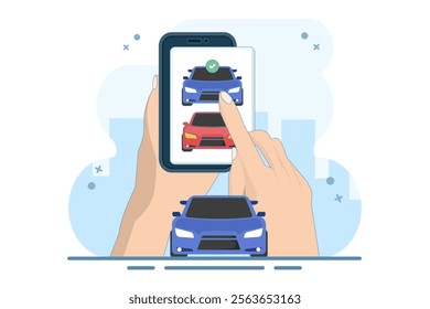 Concept of online car buying website or car rental shop comparison website via internet by choosing car on digital tablet computer, buy and sell web store. Flat vector illustration on background.