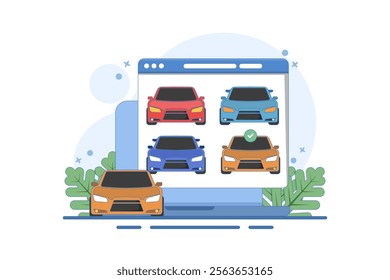 Concept of online car buying website or car rental shop comparison website via internet by choosing car on digital tablet computer, buy and sell web store. Flat vector illustration on background.