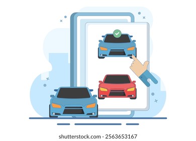 Concept of online car buying website or car rental shop comparison website via internet by choosing car on digital tablet computer, buy and sell web store. Flat vector illustration on background.