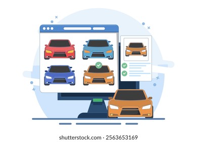 Concept of online car buying website or car rental shop comparison website via internet by choosing car on digital tablet computer, buy and sell web store. Flat vector illustration on background.