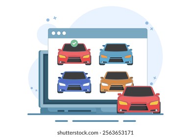 Concept of online car buying website or car rental shop comparison website via internet by choosing car on digital tablet computer, buy and sell web store. Flat vector illustration on background.