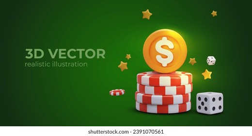 Concept of online casino. Buy red chips, win game. Poster with green background and place for text. Concept of risk and gamble. Vector illustration in 3D style