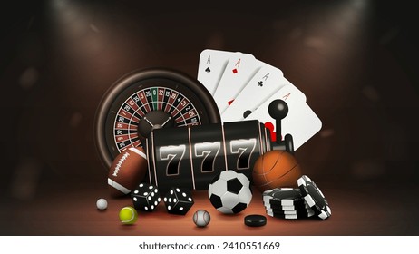 The concept of an online casino and sports betting with carats, chips and dice for poker, balls for football, basketball, baseball, hockey puck in black and gold.