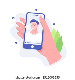 Concept of online chat app. Video chatting online on smartphone. Hand holds smartphone with video chat with young man on screen. Trendy flat style. Vector illustration.