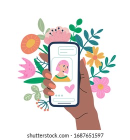 Concept of online chat app. Video chatting online on smartphone. Hand holds smartphone with chat with young girl on screen and flowers. Trendy flat hand drawn style. Vector illustration