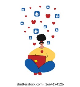 The concept of online chat. Flat vector illustration. A young girl with a laptop communicates on the Internet. Messaging, social networks.suitable for social networks, marketing articles, ads, banners