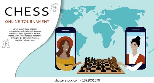 Concept of online chess tournament, online game. Women from smartphones play a strategy game on the background of the world map. Place for your text. Flat vector illustration