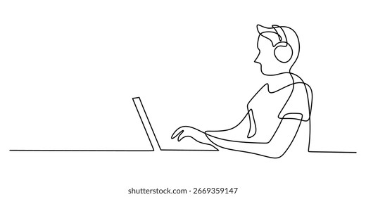 Concept of online communication and remote work. A simple outline shows an employee or manager in a video call or webinar conference using a computer.