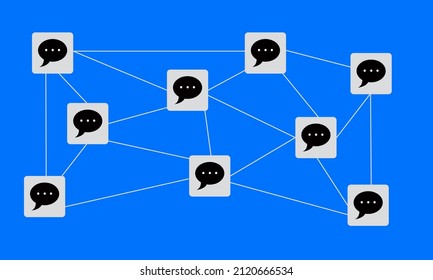 Concept of online communication or social networking isolated blue background. Box with speech bubbles linked to each other with lines.