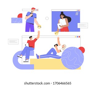 Concept of online communication and social networks. A group of people communicate with each other online, hold smartphones and laptops, and pass each other a smiley icon. 