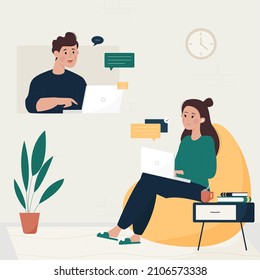 The concept of online communication and video chat. Video conference, work from home, social distancing, business discussion.