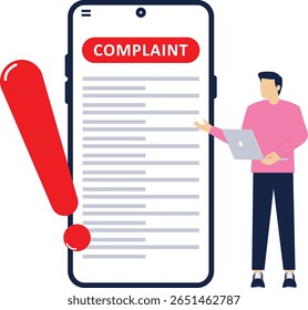 conceito de reclamação on-line, Petição de reclamação, Não gosto, Experiência de usuário ruim, Revisão ruim, feedback negativo, Ação para resolver o problema. Modelo de vetor de ilustração plana.


