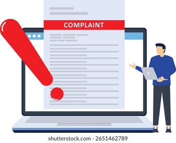 conceito de reclamação on-line, Petição de reclamação, Não gosto, Experiência de usuário ruim, Revisão ruim, feedback negativo, Ação para resolver o problema. Modelo de vetor de ilustração plana.

