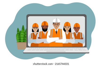 The concept of online consultation in construction. Laptop with a picture of a team of civil engineers. Vector flat illustration