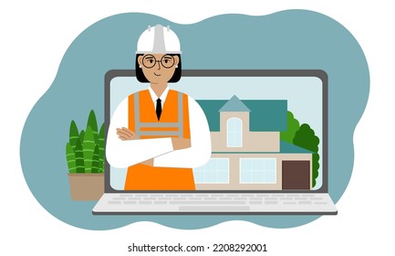 The concept of online consultation in construction. Laptop with an image of an engineer builder and a house. Vector flat illustration