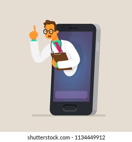 The concept of online consultation with a doctor through a smartphone. Health care services. Vector illustration in a flat style