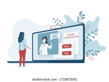 Concept online consultation of a patient with a doctor via laptop. Medical support using modern technology. Internet doctor at the time of self-isolation and quarantine. Flat vector illustration