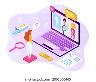 Concept of online consultations with doctor. Communication with the doctor via video link. Woman stands in front of laptop and asks therapist about her health. Isometric cartoon vector illustration