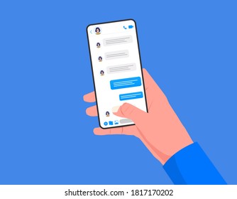 Concept of online conversation. A hand holds a phone with an open chat. Communication, talking on the phone, conference. Icons for messages, notifications. Vector editable graphics. Screenshot. 