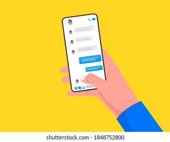 Concept of online conversation. A hand holds a phone with an open chat. Communication, talking on the phone, conference. Icons for messages, notifications. Vector editable graphics. Screenshot.