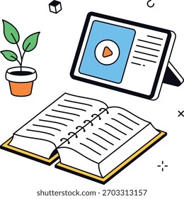 Conceito de curso online contendo o livro aberto e tela de reprodução. Usado para recursos de aprendizado à distância e conteúdo de tutorial. Ilustração de vetor plano isométrico.