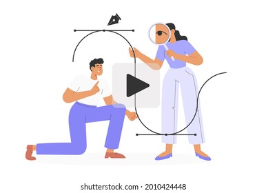 Concept of online courses or education. Modern flat vector illustration with young man and woman working in a graphics program for illustrators, designers or photographers.