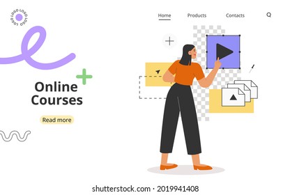 Concept of online courses or education. Modern flat vector illustration with inspired woman working in a graphics program for illustrators, designers or photographers.
